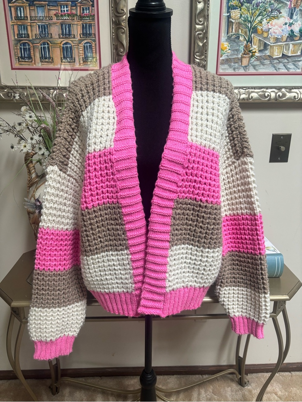 American Eagle Outfitters Pink, Cream & Brown Colorblock Chunky Knit Cardigan